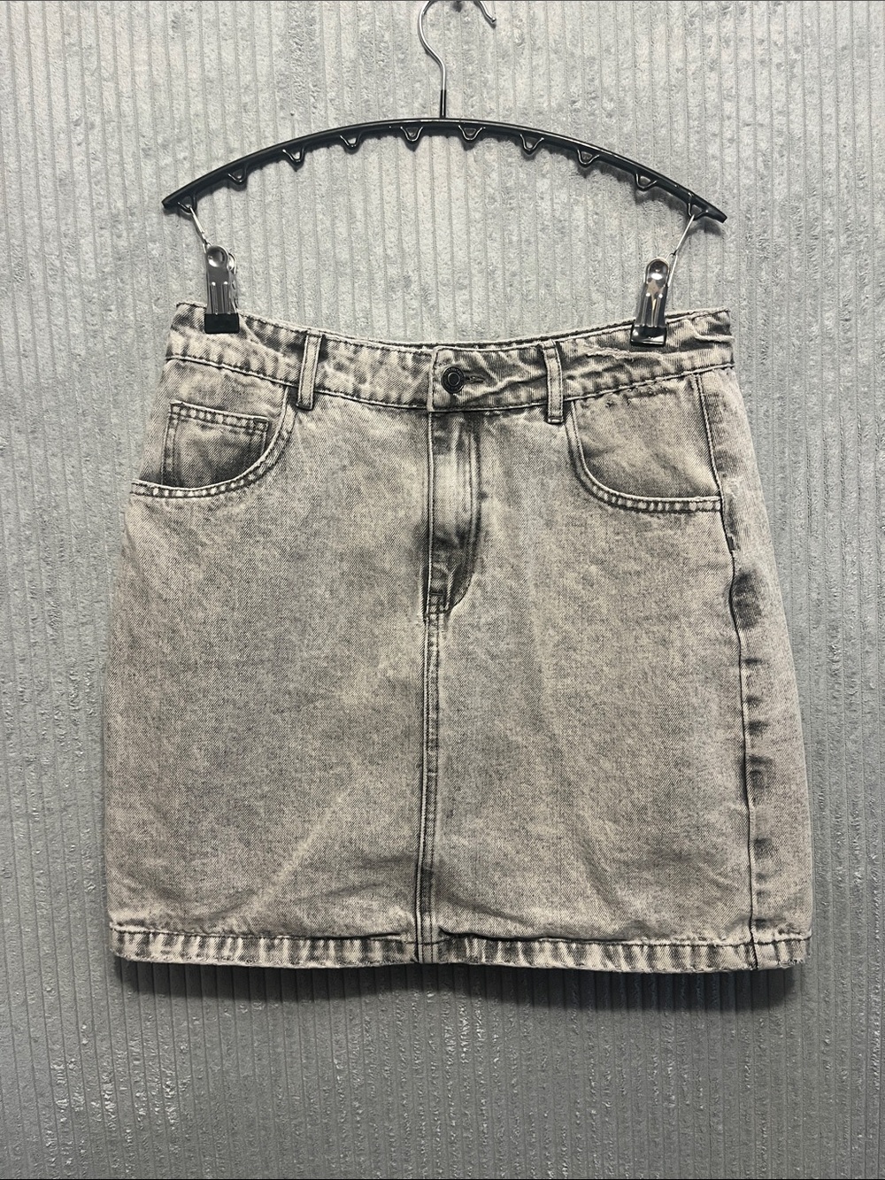 Washed Gray Denim Mini Skirt with Front Pockets Small